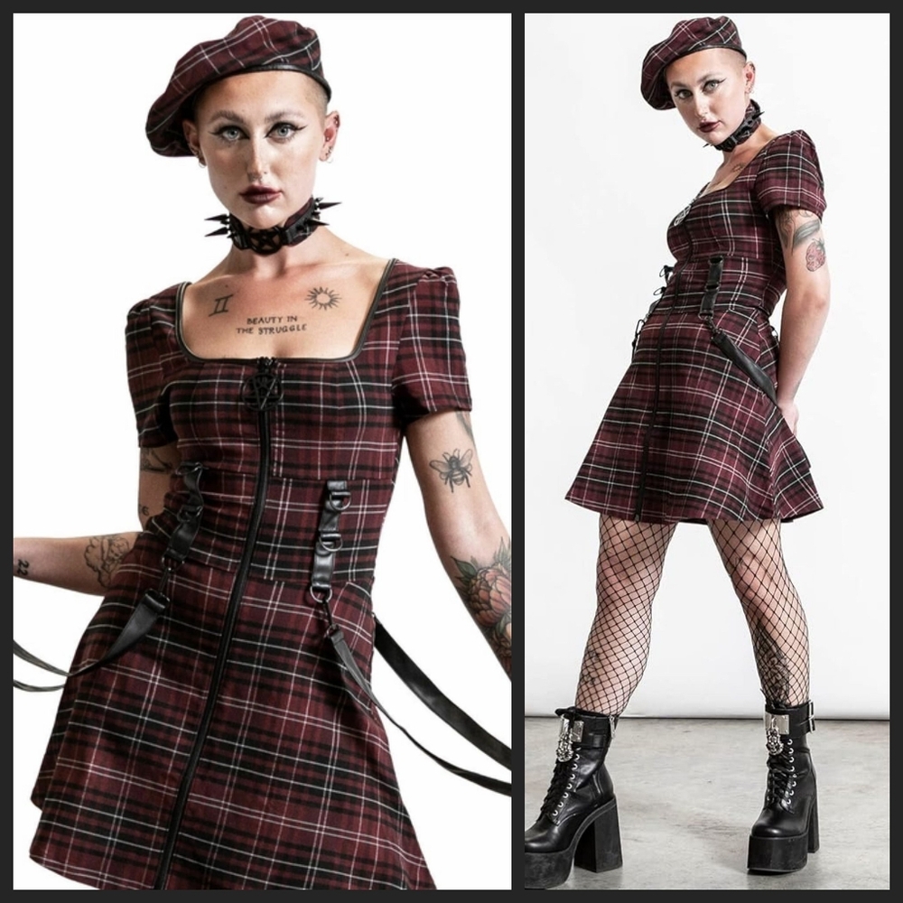 Killstar Grave Rebellion Strappy Zip Up Goth Punk Plaid Tartan Dress  4X…